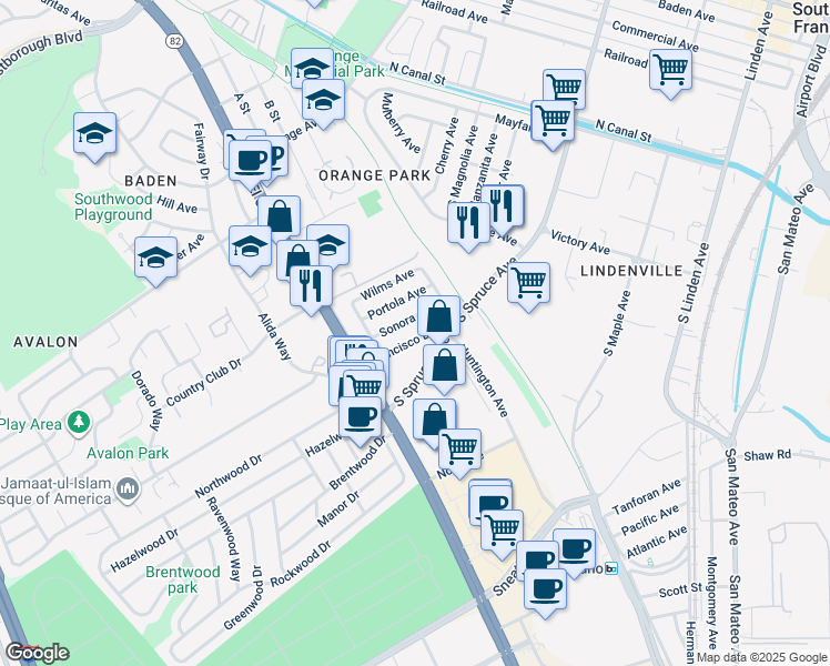 map of restaurants, bars, coffee shops, grocery stores, and more near 14 Sonora Avenue in South San Francisco