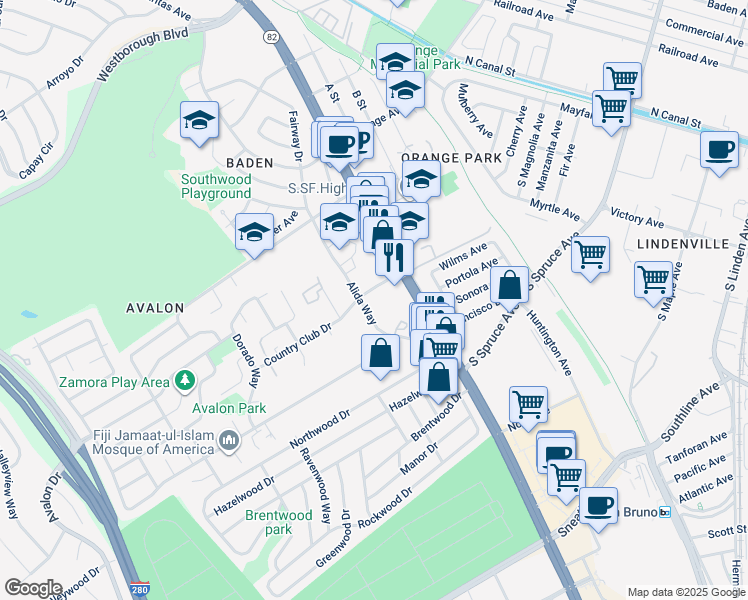map of restaurants, bars, coffee shops, grocery stores, and more near 161 Country Club Drive in South San Francisco