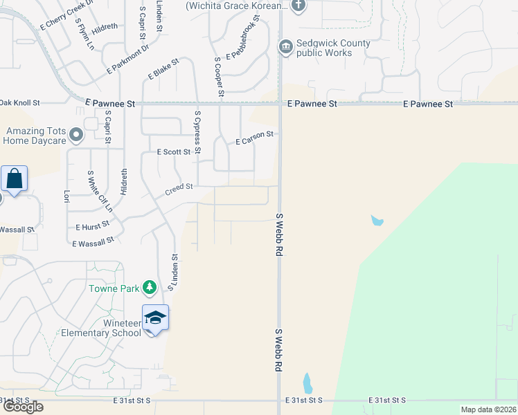 map of restaurants, bars, coffee shops, grocery stores, and more near 2501 South Webb Road in Wichita