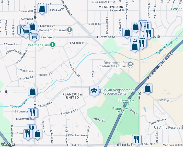 map of restaurants, bars, coffee shops, grocery stores, and more near 2636 S Fees St in Wichita