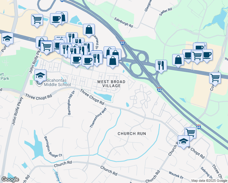 map of restaurants, bars, coffee shops, grocery stores, and more near 224 Geese Landing in Glen Allen