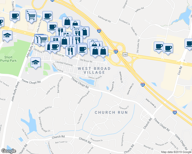 map of restaurants, bars, coffee shops, grocery stores, and more near 224 Geese Landing in Glen Allen