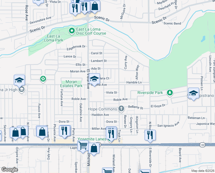 map of restaurants, bars, coffee shops, grocery stores, and more near 2316 Meta Court in Modesto