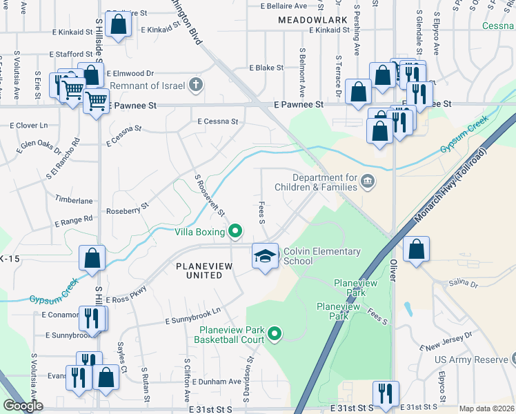map of restaurants, bars, coffee shops, grocery stores, and more near 2636 S Fees St in Wichita
