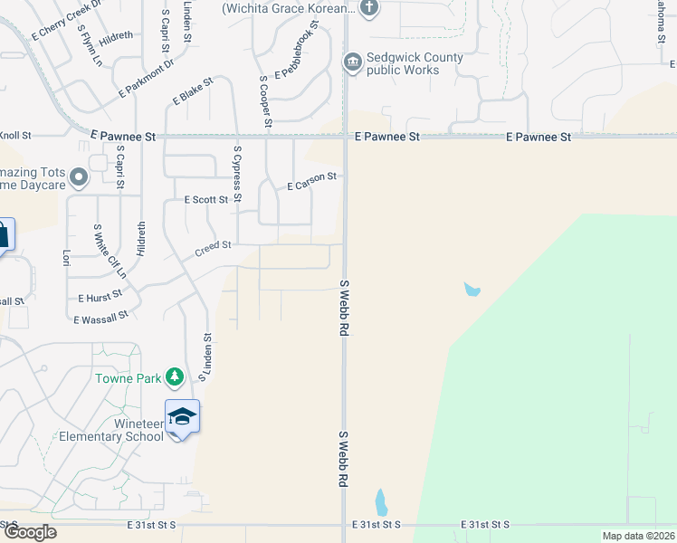 map of restaurants, bars, coffee shops, grocery stores, and more near 2501 South Webb Road in Wichita