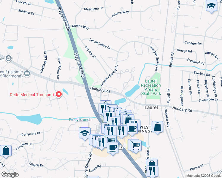 map of restaurants, bars, coffee shops, grocery stores, and more near 8027 Lake Laurel Lane in Glen Allen