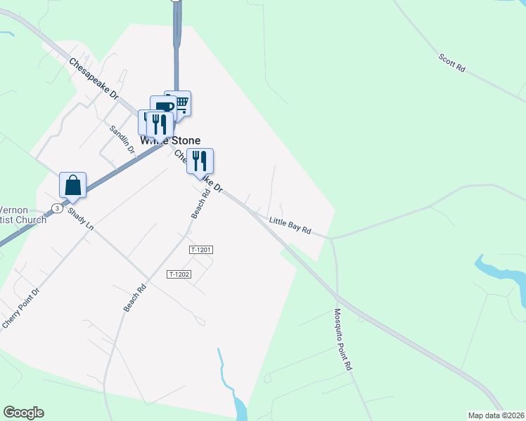 map of restaurants, bars, coffee shops, grocery stores, and more near County Road T-642 in White Stone