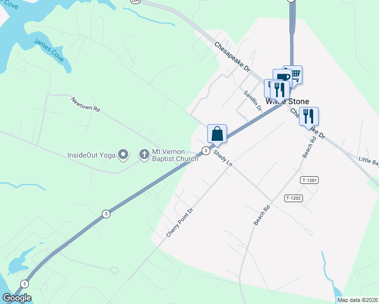 map of restaurants, bars, coffee shops, grocery stores, and more near 34 James Wharf Road in White Stone