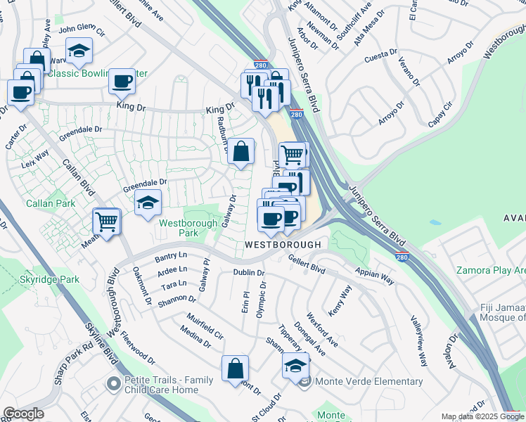 map of restaurants, bars, coffee shops, grocery stores, and more near 2250 Gellert Boulevard in South San Francisco