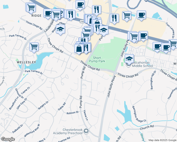 map of restaurants, bars, coffee shops, grocery stores, and more near 11771 Triple Notch Terrace in Richmond