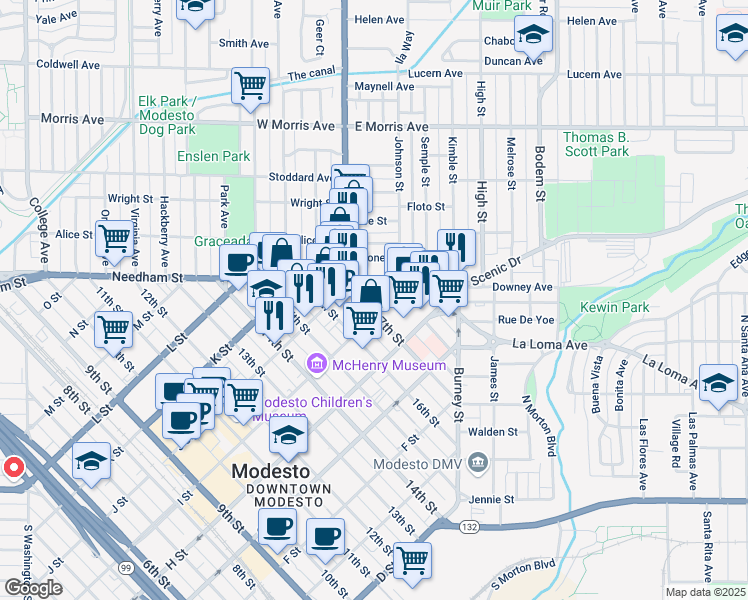 map of restaurants, bars, coffee shops, grocery stores, and more near 900 17th Street in Modesto