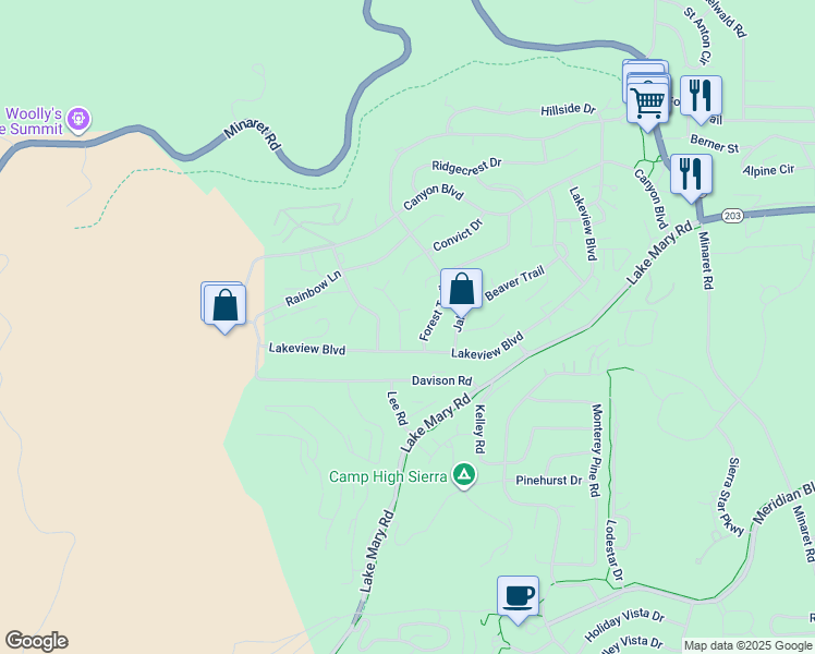 map of restaurants, bars, coffee shops, grocery stores, and more near 42 Aspen Lane in Mammoth Lakes