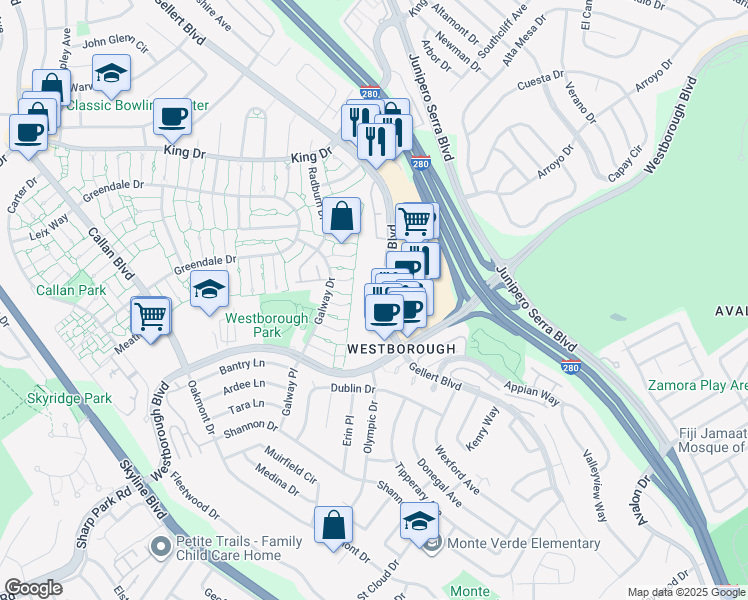 map of restaurants, bars, coffee shops, grocery stores, and more near 2230 Gellert Boulevard in South San Francisco