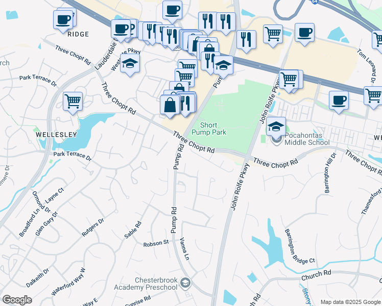 map of restaurants, bars, coffee shops, grocery stores, and more near 11771 Triple Notch Terrace in Richmond