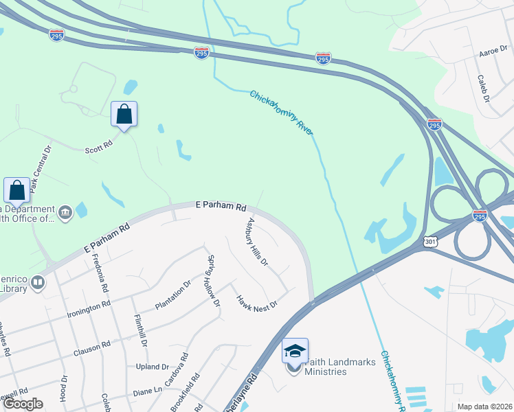 map of restaurants, bars, coffee shops, grocery stores, and more near 200 East Parham Road in Richmond
