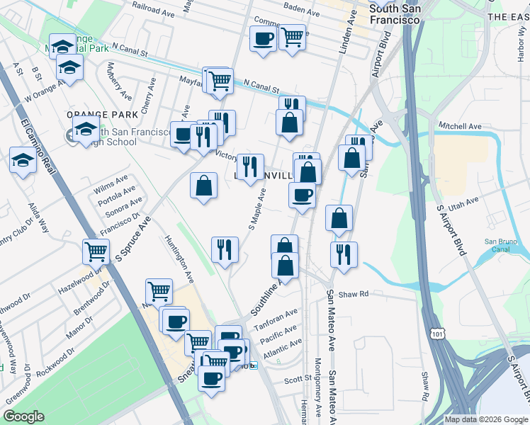 map of restaurants, bars, coffee shops, grocery stores, and more near 239 South Maple Avenue in South San Francisco
