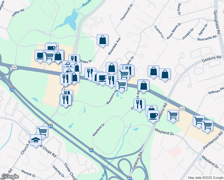 map of restaurants, bars, coffee shops, grocery stores, and more near 3950 Westerre Parkway in Henrico