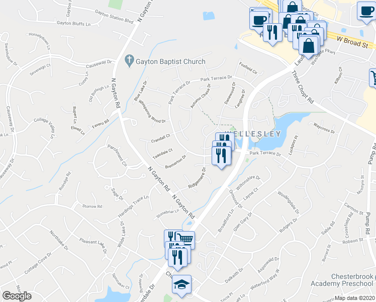 map of restaurants, bars, coffee shops, grocery stores, and more near 3202 Park Terrace Drive in Henrico