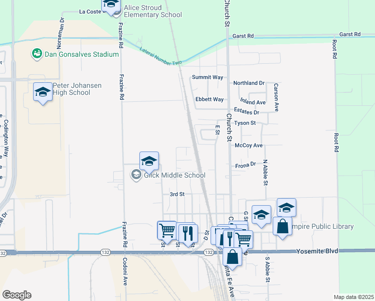 map of restaurants, bars, coffee shops, grocery stores, and more near 456 B Street in Empire