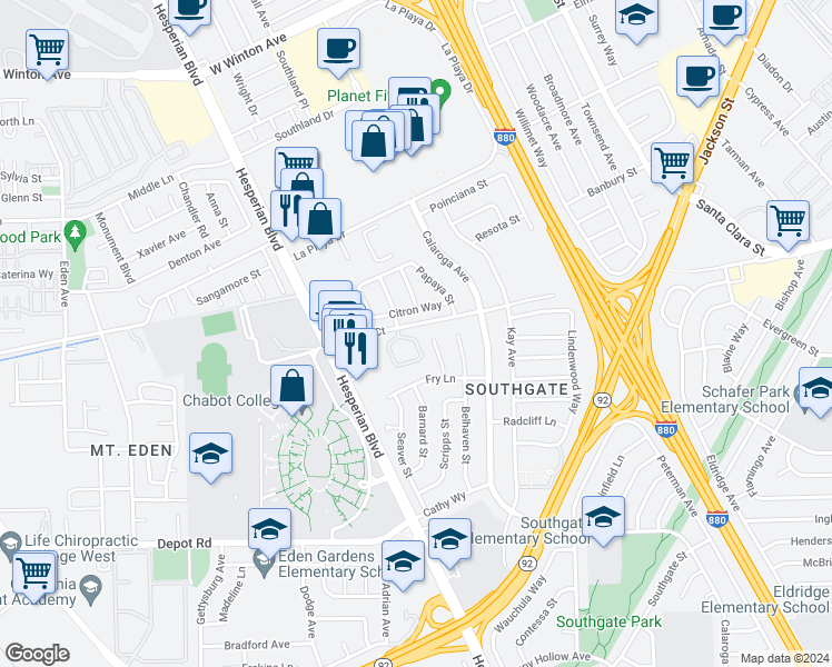 map of restaurants, bars, coffee shops, grocery stores, and more near 25210 Copa Del Oro Drive in Hayward