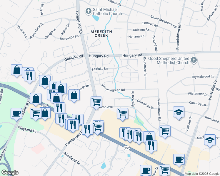 map of restaurants, bars, coffee shops, grocery stores, and more near 9508 Meadowgreen Road in Richmond