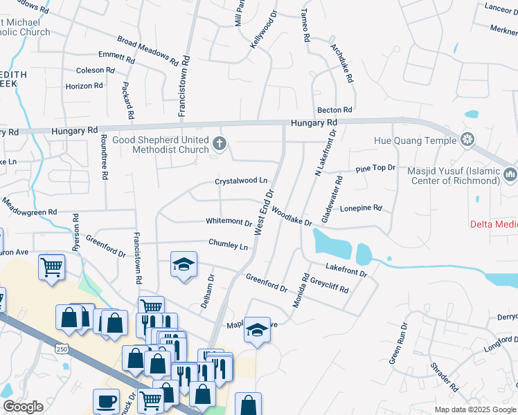 map of restaurants, bars, coffee shops, grocery stores, and more near 4106 West End Drive in Richmond