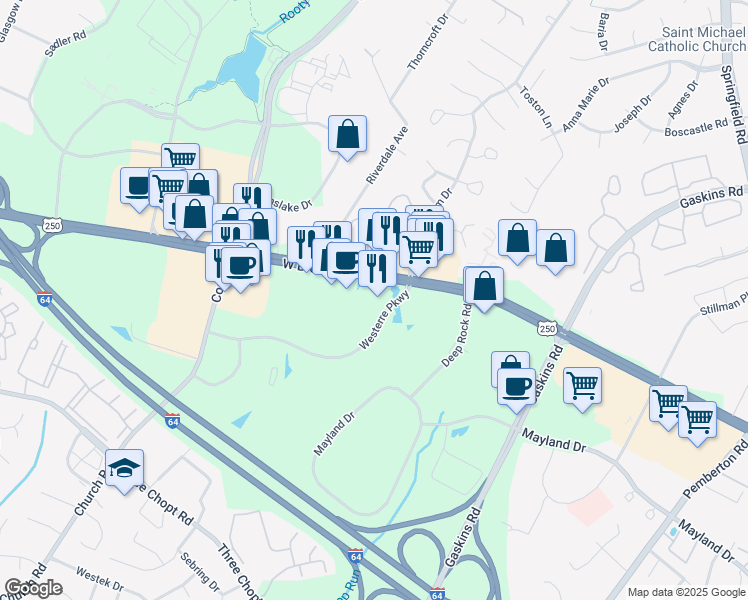 map of restaurants, bars, coffee shops, grocery stores, and more near 3950 Westerre Parkway in Henrico