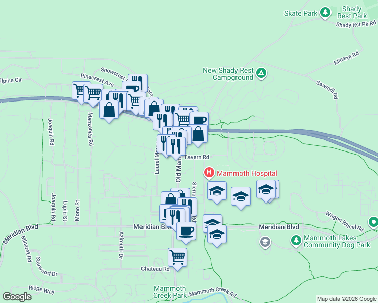 map of restaurants, bars, coffee shops, grocery stores, and more near 1422 Tavern Road in Mammoth Lakes