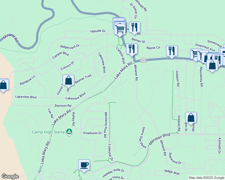map of restaurants, bars, coffee shops, grocery stores, and more near 2 Hidden Valley Road in Mammoth Lakes