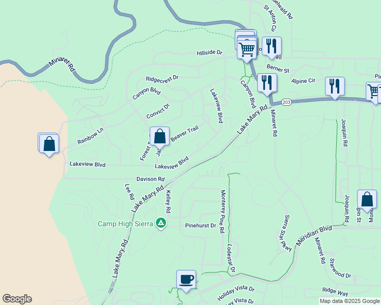 map of restaurants, bars, coffee shops, grocery stores, and more near 103 Larkspur Lane in Mammoth Lakes