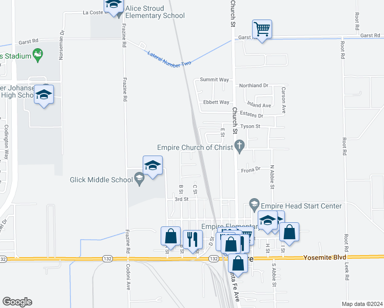 map of restaurants, bars, coffee shops, grocery stores, and more near 456 B Street in Empire