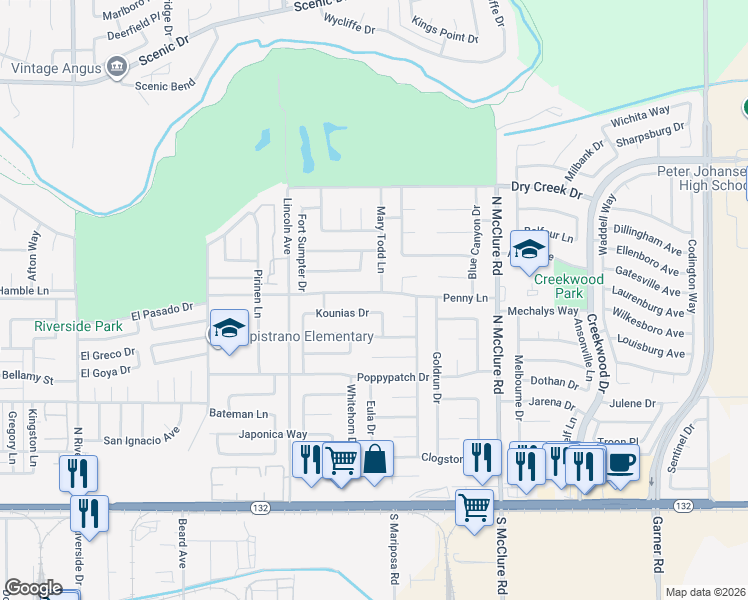 map of restaurants, bars, coffee shops, grocery stores, and more near 3105 Penny Lane in Modesto