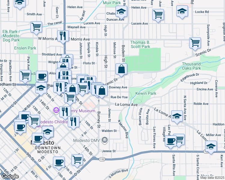 map of restaurants, bars, coffee shops, grocery stores, and more near 105 Melrose Street in Modesto
