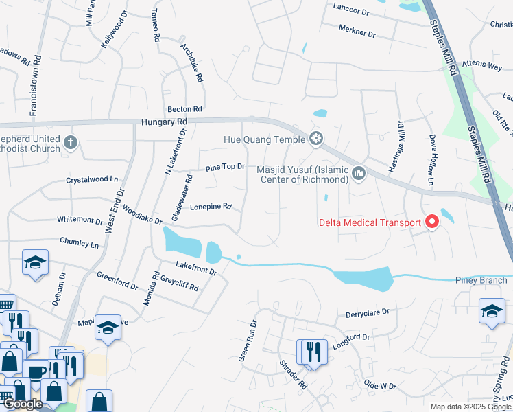 map of restaurants, bars, coffee shops, grocery stores, and more near 4303 Walton Farms Drive in Richmond