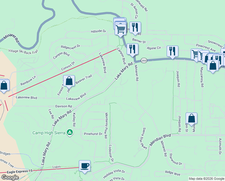 map of restaurants, bars, coffee shops, grocery stores, and more near 2 Hidden Valley Road in Mammoth Lakes