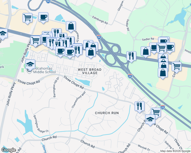 map of restaurants, bars, coffee shops, grocery stores, and more near 202 Geese Landing in Glen Allen