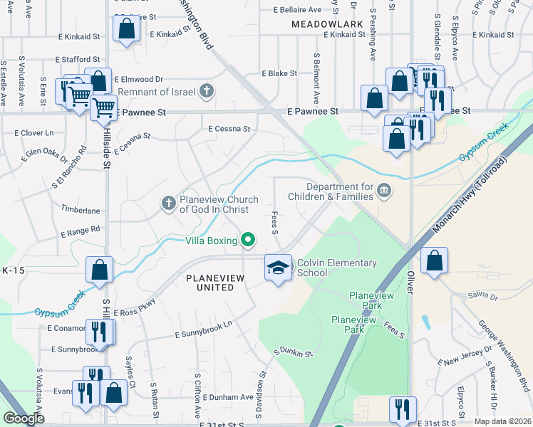 map of restaurants, bars, coffee shops, grocery stores, and more near 2636 S Fees St in Wichita