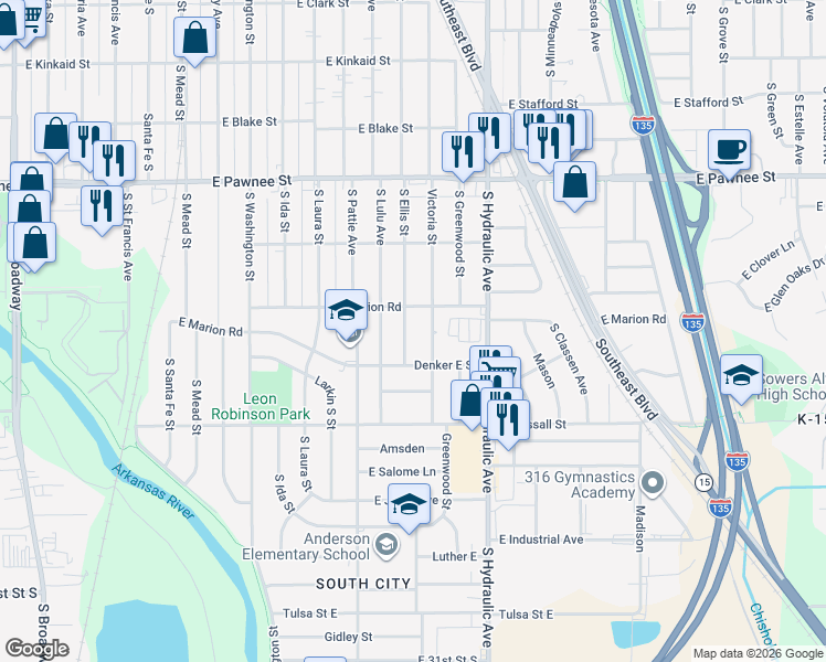 map of restaurants, bars, coffee shops, grocery stores, and more near 2614 Ellis South in Wichita