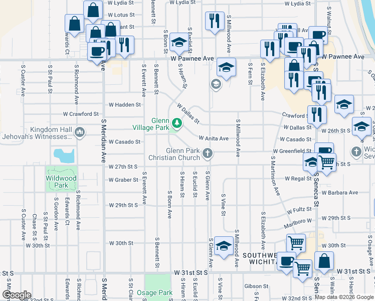 map of restaurants, bars, coffee shops, grocery stores, and more near 1946 W Greenfield St in Wichita