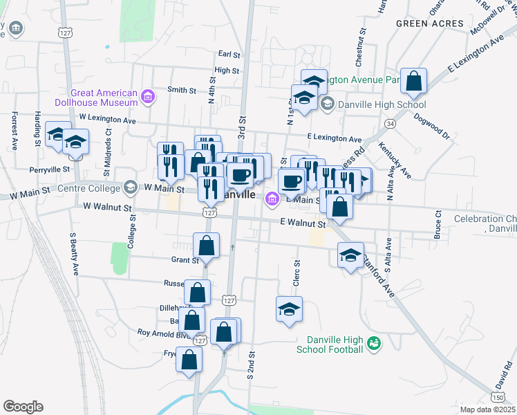 map of restaurants, bars, coffee shops, grocery stores, and more near 125 South 2nd Street in Danville
