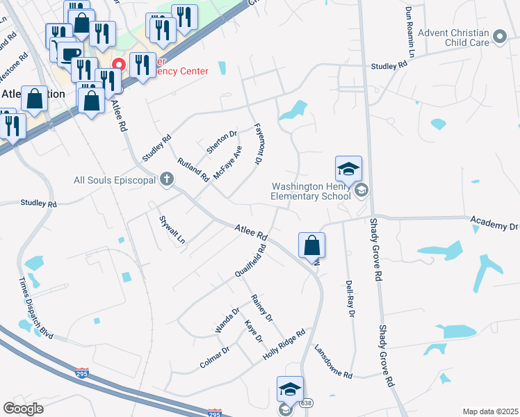map of restaurants, bars, coffee shops, grocery stores, and more near 8558 Meadowsweet Drive in Mechanicsville