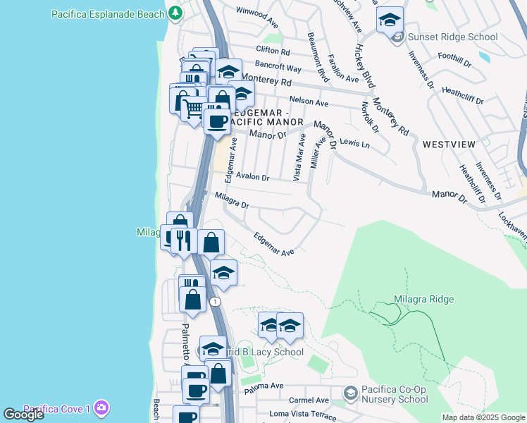 map of restaurants, bars, coffee shops, grocery stores, and more near 103 McKinney Avenue in Pacifica
