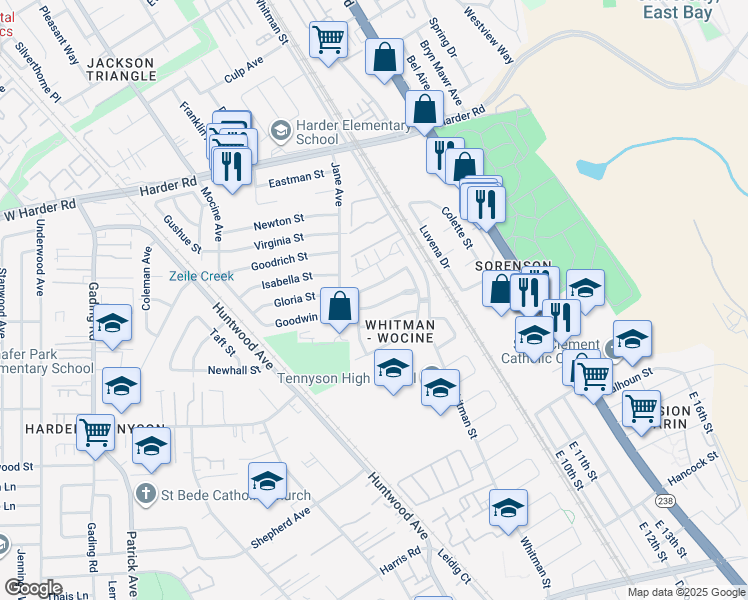 map of restaurants, bars, coffee shops, grocery stores, and more near 250 Jacaranda Drive in Hayward