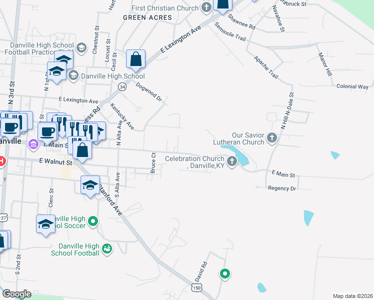 map of restaurants, bars, coffee shops, grocery stores, and more near 645 East Main Street in Danville