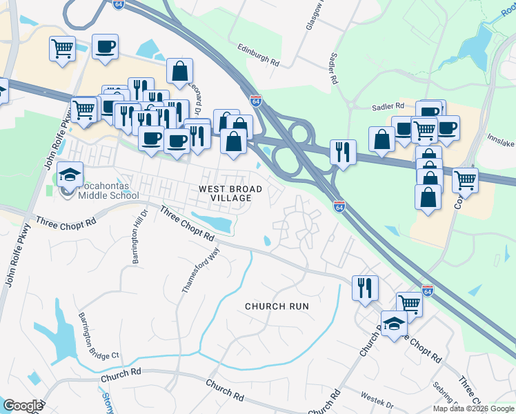 map of restaurants, bars, coffee shops, grocery stores, and more near 202 Geese Landing in Glen Allen