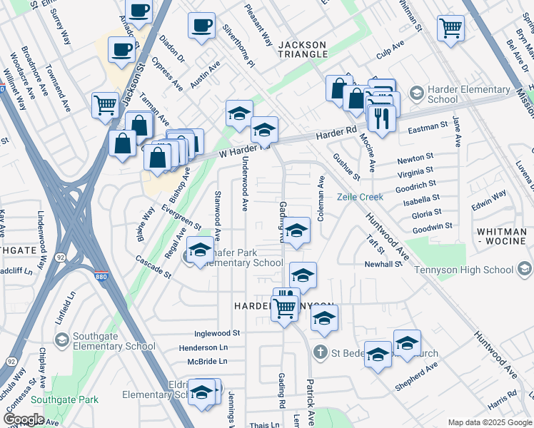map of restaurants, bars, coffee shops, grocery stores, and more near 26101 Gading Road in Hayward