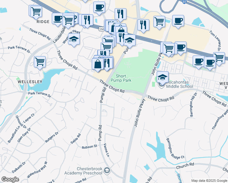 map of restaurants, bars, coffee shops, grocery stores, and more near 11764 Triple Notch Terrace in Richmond