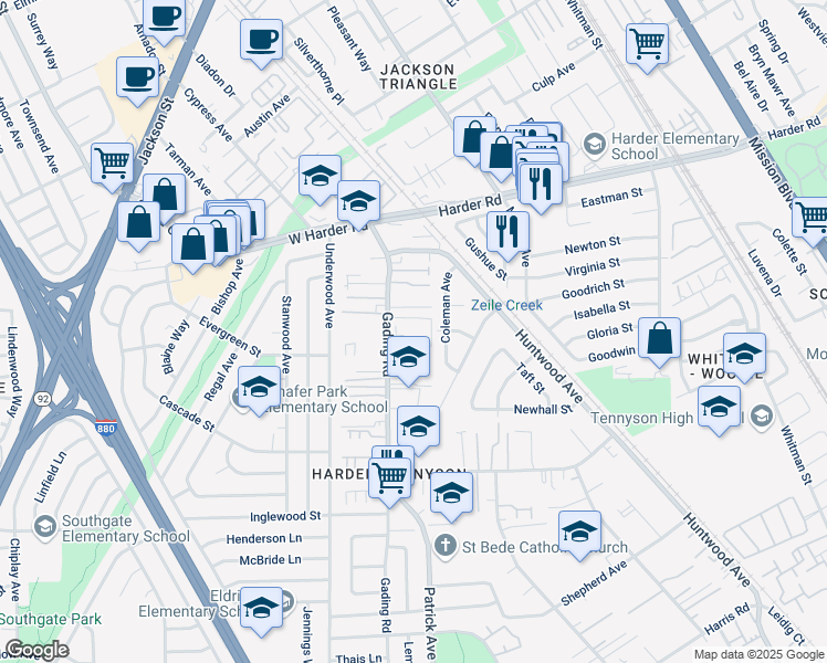 map of restaurants, bars, coffee shops, grocery stores, and more near 26100 Gading Road in Hayward