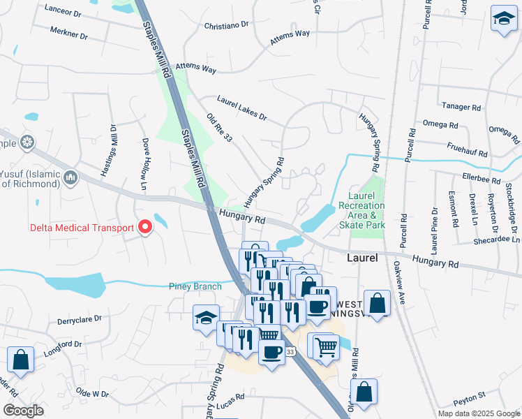 map of restaurants, bars, coffee shops, grocery stores, and more near 8027 Lake Laurel Lane in Glen Allen
