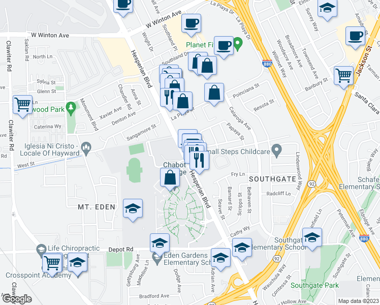 map of restaurants, bars, coffee shops, grocery stores, and more near 24970 Hesperian Boulevard in Hayward